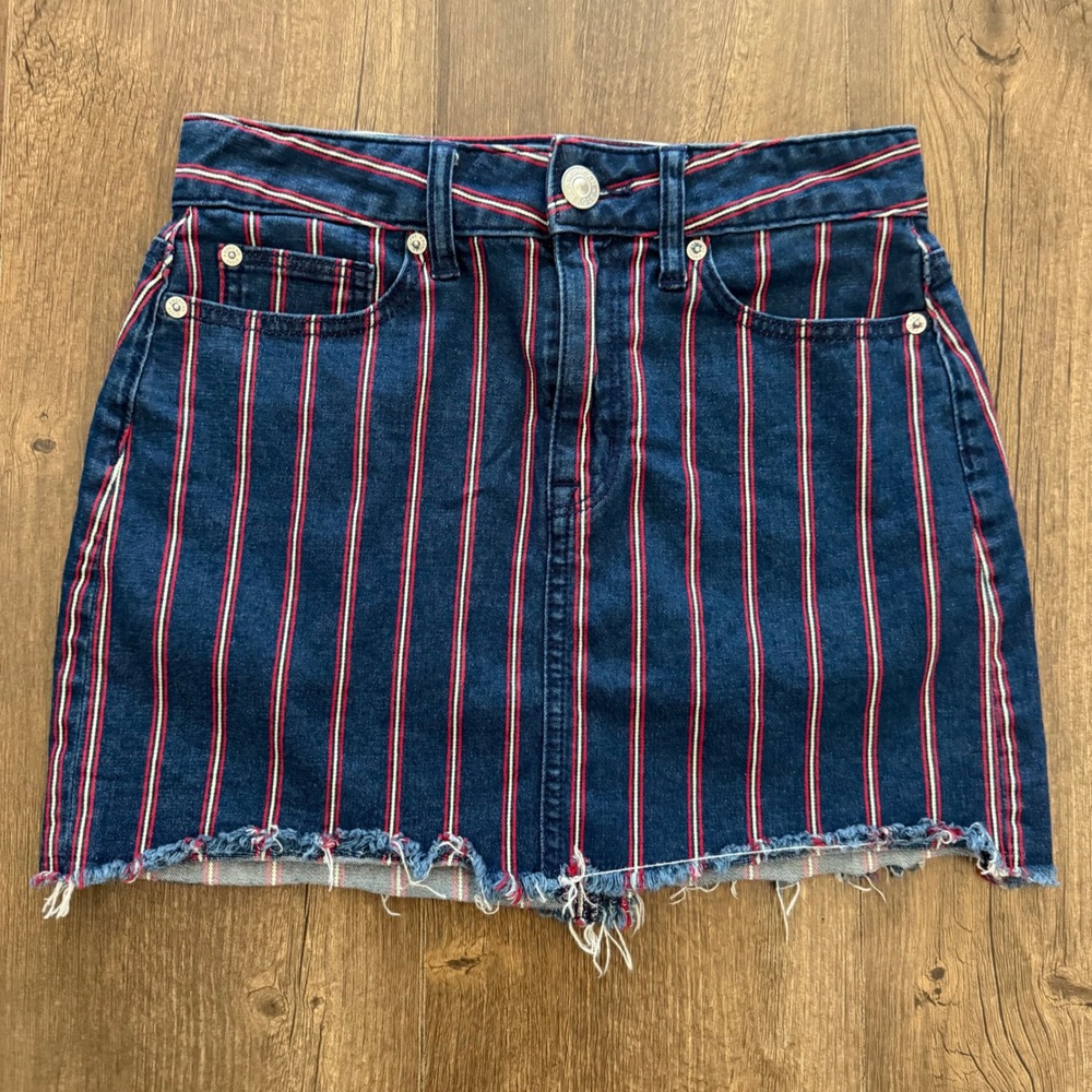 American Eagle Striped Denim Mini Skirt Womens 2 Blue Red Raw Hem Retro Festival
